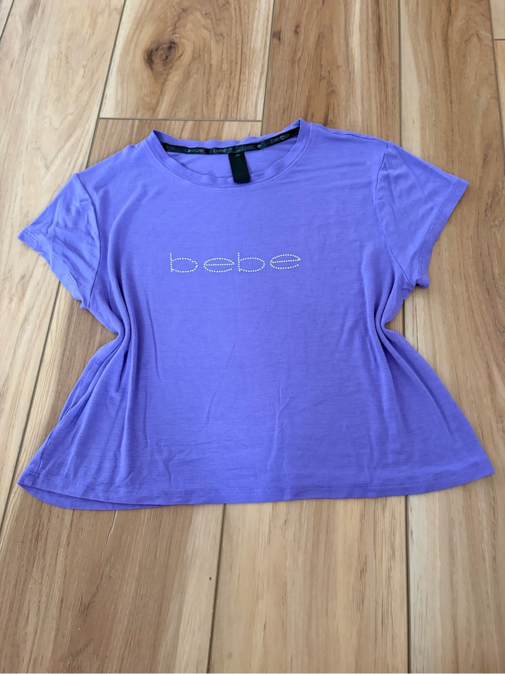 bebe Lilac Rhinestone Logo Short Sleeve Tee